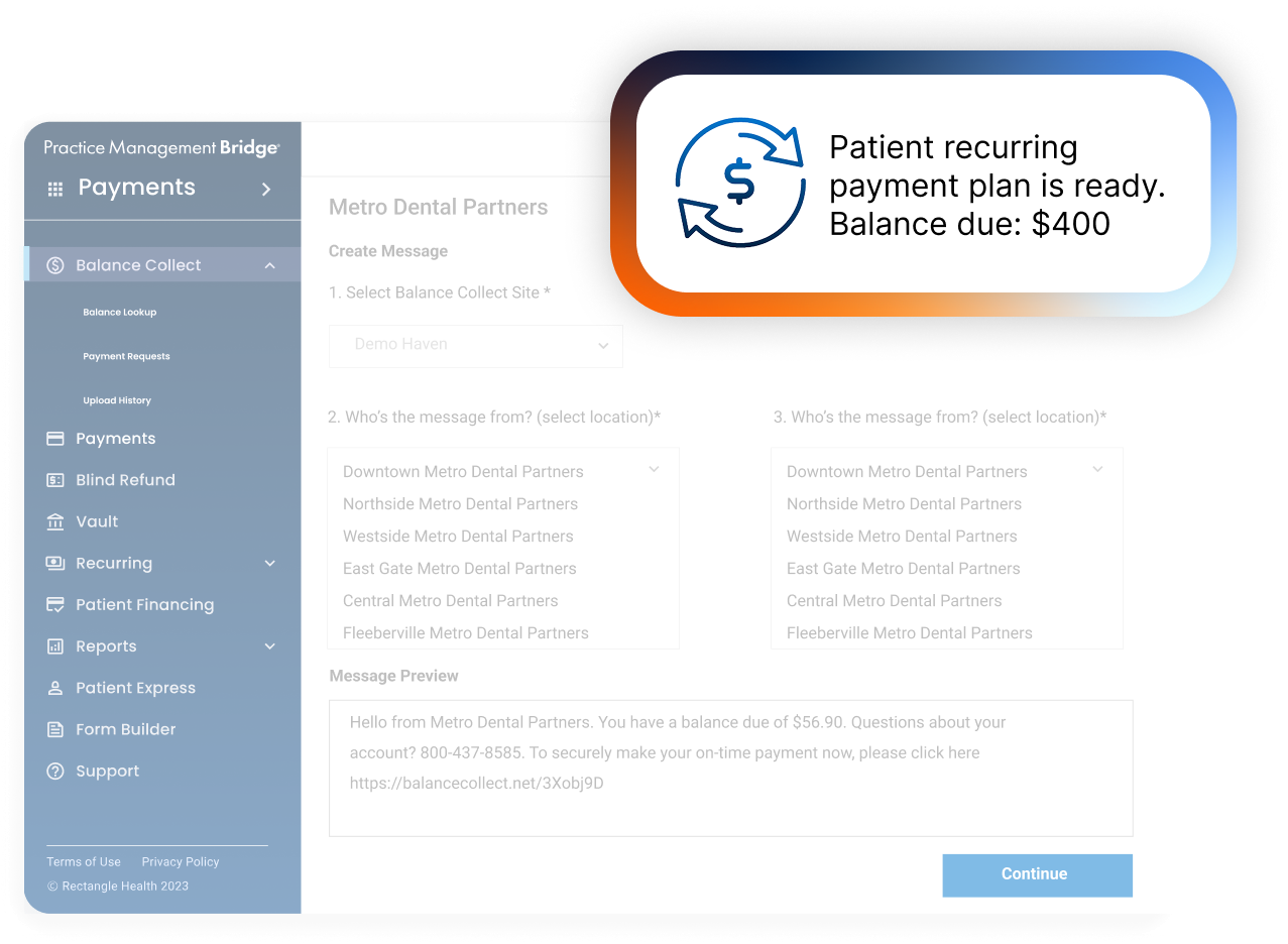 Practice Management Bridge dashboard with payment automation highlights.
