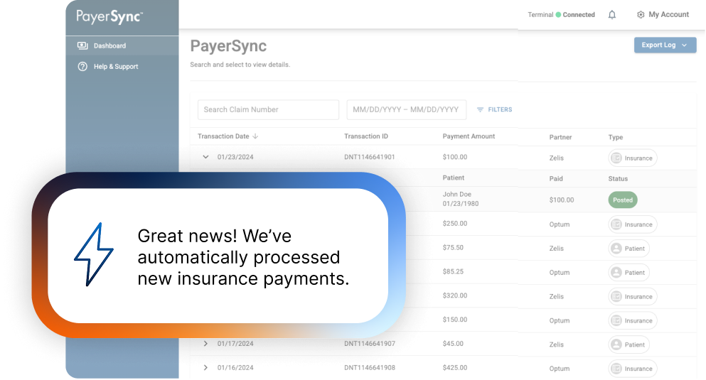 PayerSync dashboard showing automated insurance payment processing.